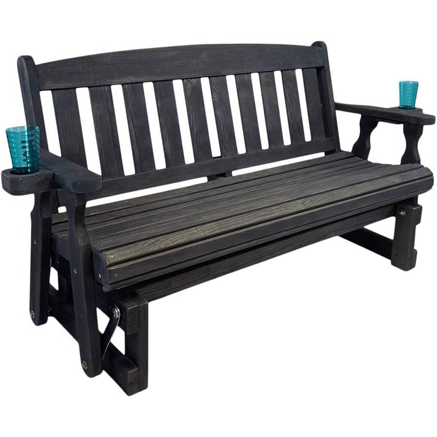 4ft Heavy Duty Black Wooden Porch Glider Bench with Cupholders - Made in USA LuxuryLifeWay Online Store