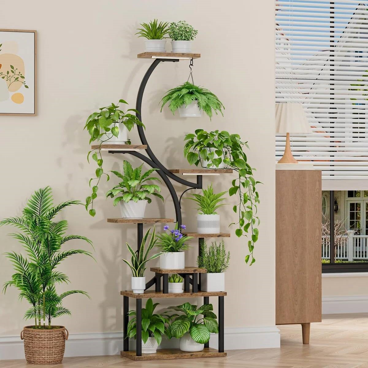 Indoor Plant Stand with Black Metal Frame and Wood Finish Shelves LuxuryLifeWay Online Store