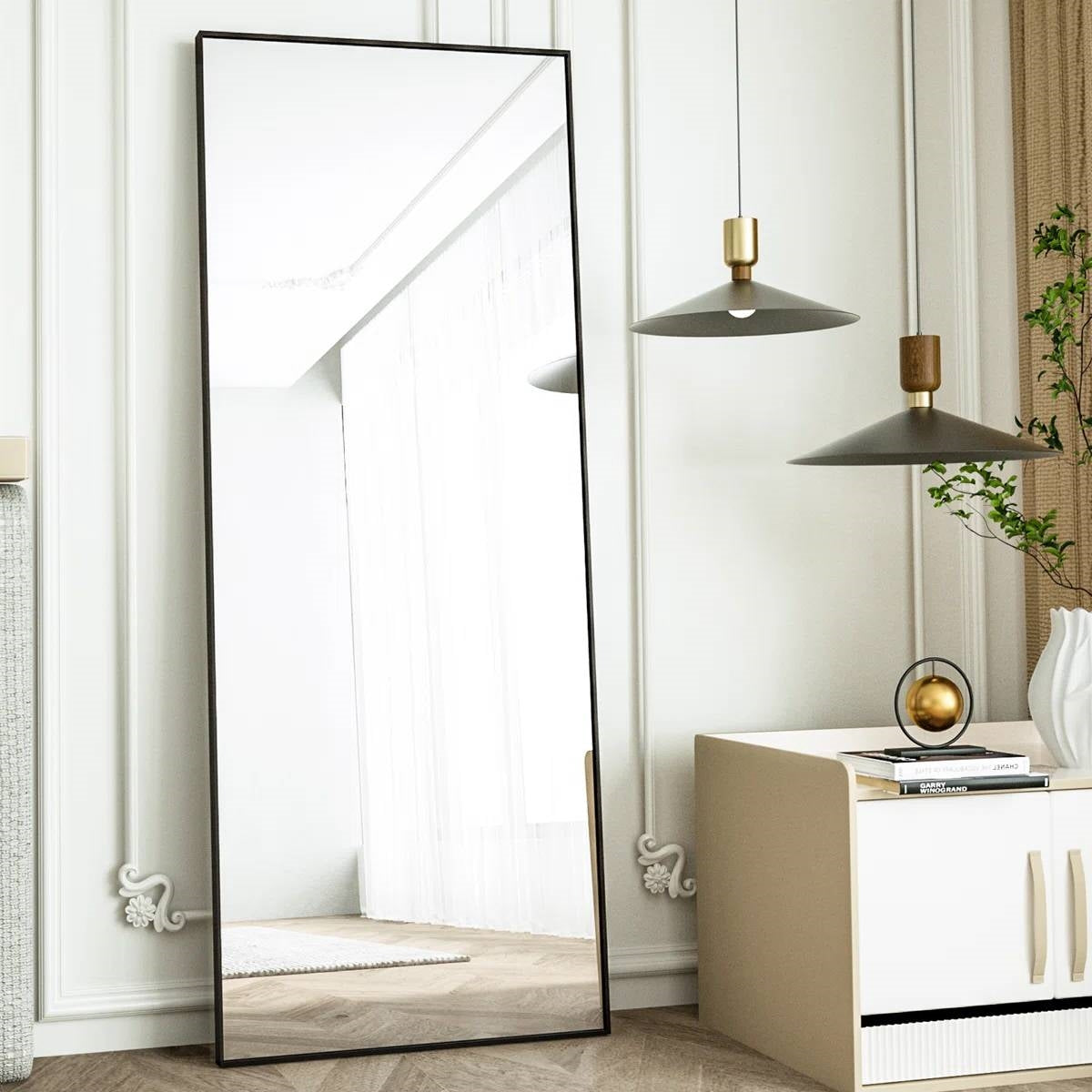 Black 64-inch Full Length Floor Mirror with Stand and Wall Mounting Holes LuxuryLifeWay Online Store