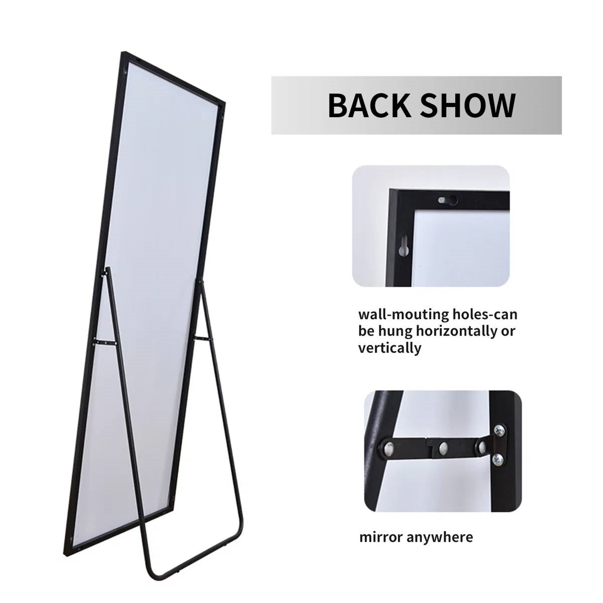 Black 64-inch Full Length Floor Mirror with Stand and Wall Mounting Holes LuxuryLifeWay Online Store