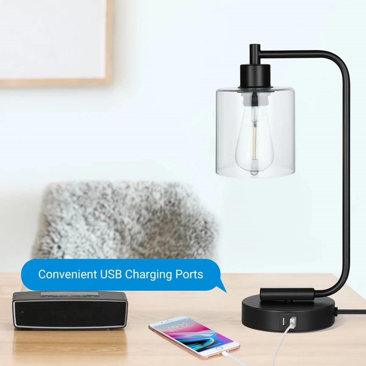 Set of 2 - Farmhouse Bedside Table Lamp Black Desk Light with USB Charging Ports LuxuryLifeWay Online Store