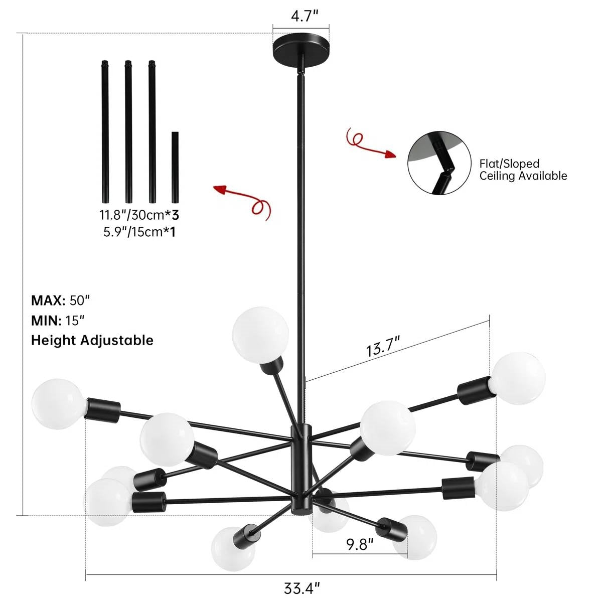 Black 33-inch Modern 12-Light Dimmable Sputnik Chandelier Lamp LuxuryLifeWay Online Store