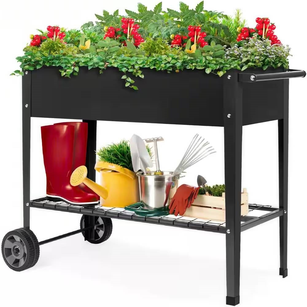 Black Metal Raised Garden Bed Planter Cart on Wheels 37-inch x 15-inch LuxuryLifeWay Online Store