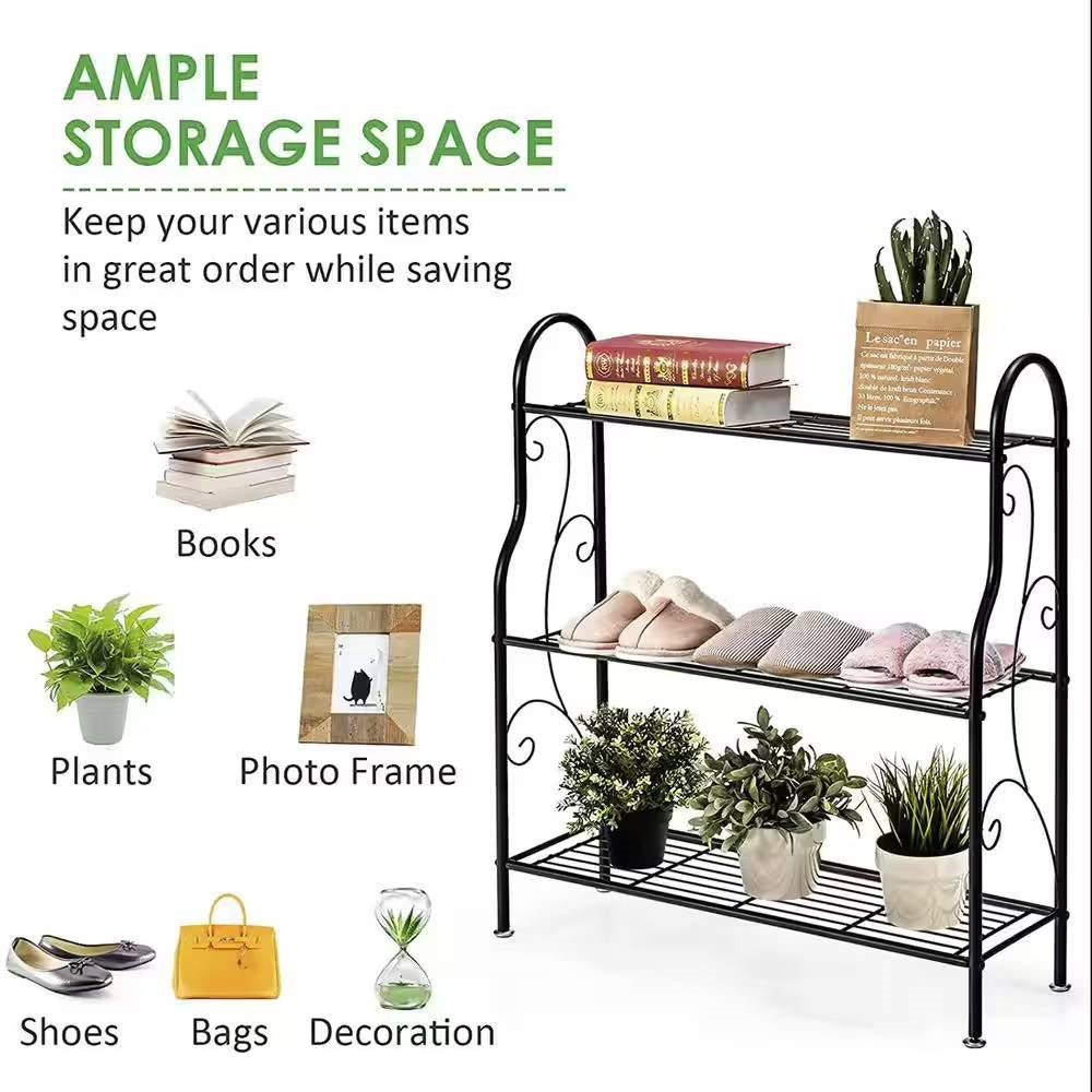 Indoor/Outdoor Black Metal 3-Tier Bookcase Plant Stand Shelving Rack LuxuryLifeWay Online Store