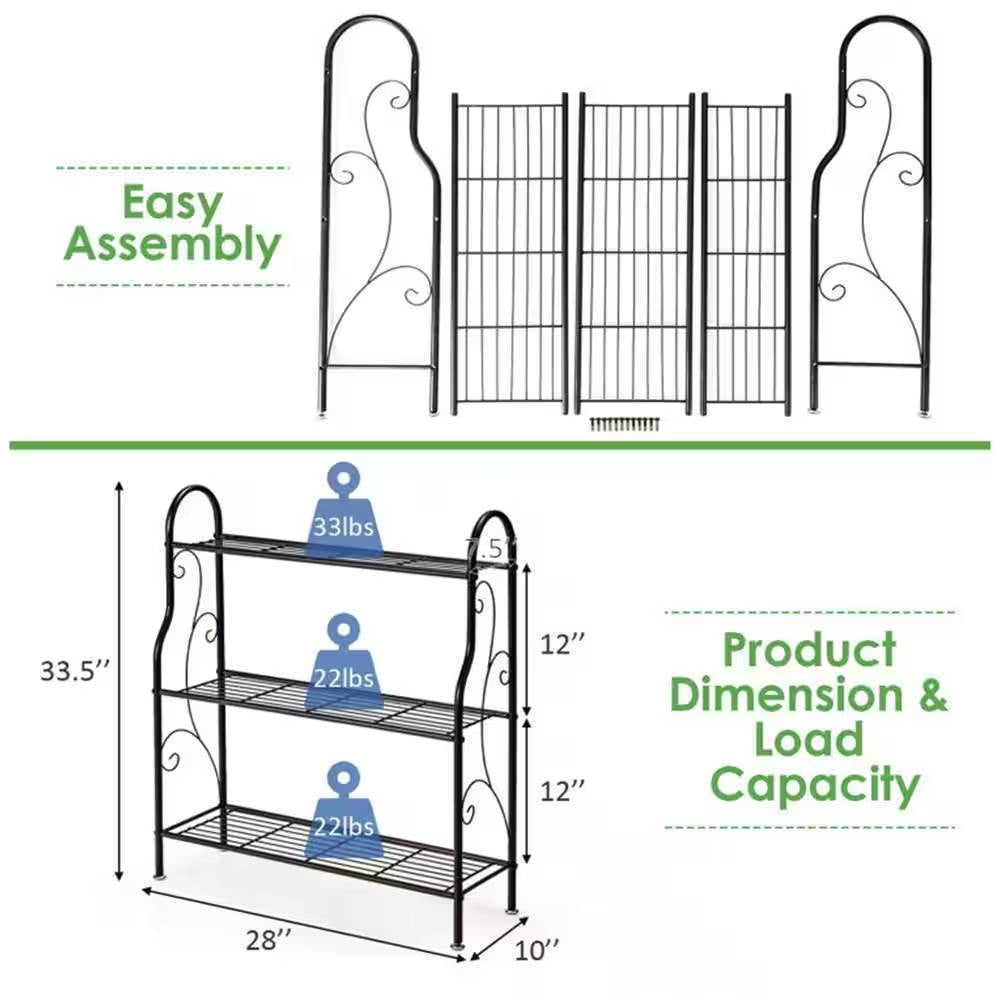 Indoor/Outdoor Black Metal 3-Tier Bookcase Plant Stand Shelving Rack LuxuryLifeWay Online Store