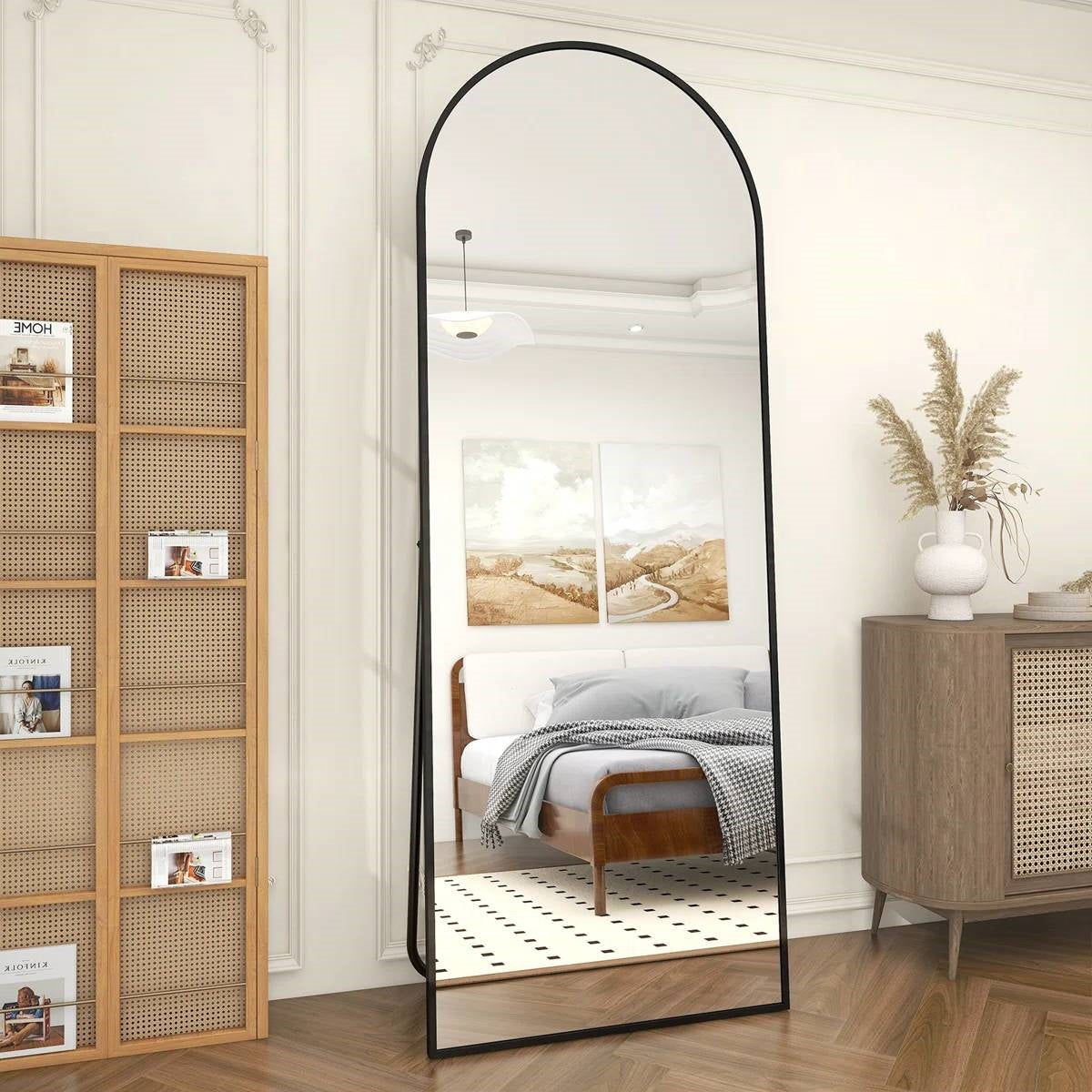 Black 64-inch Full Length Arched Floor Mirror with Stand and Wall Hanging Screws LuxuryLifeWay Online Store