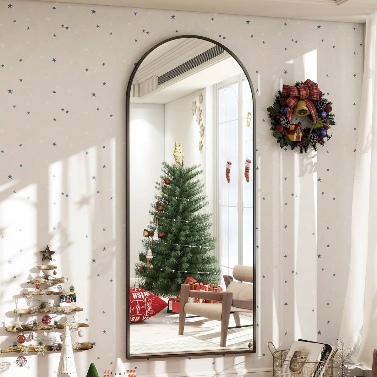Black 64-inch Full Length Arched Floor Mirror with Stand and Wall Hanging Screws LuxuryLifeWay Online Store
