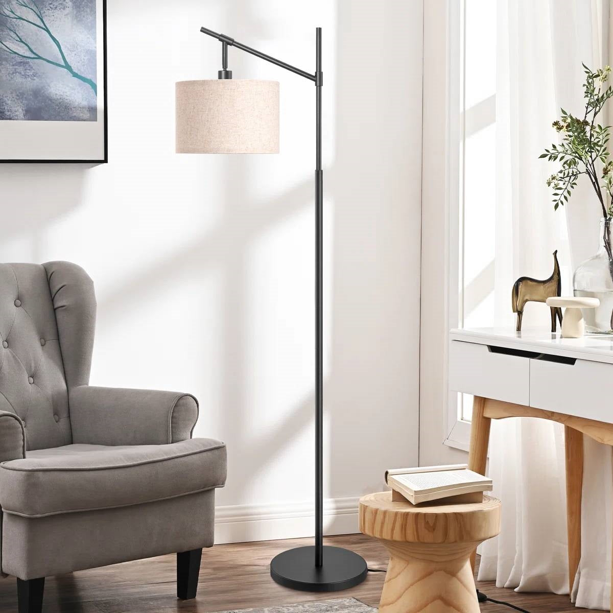 63-inch Black Modern Arc Floor Lamp with Beige Linen Drum Shade LuxuryLifeWay Online Store