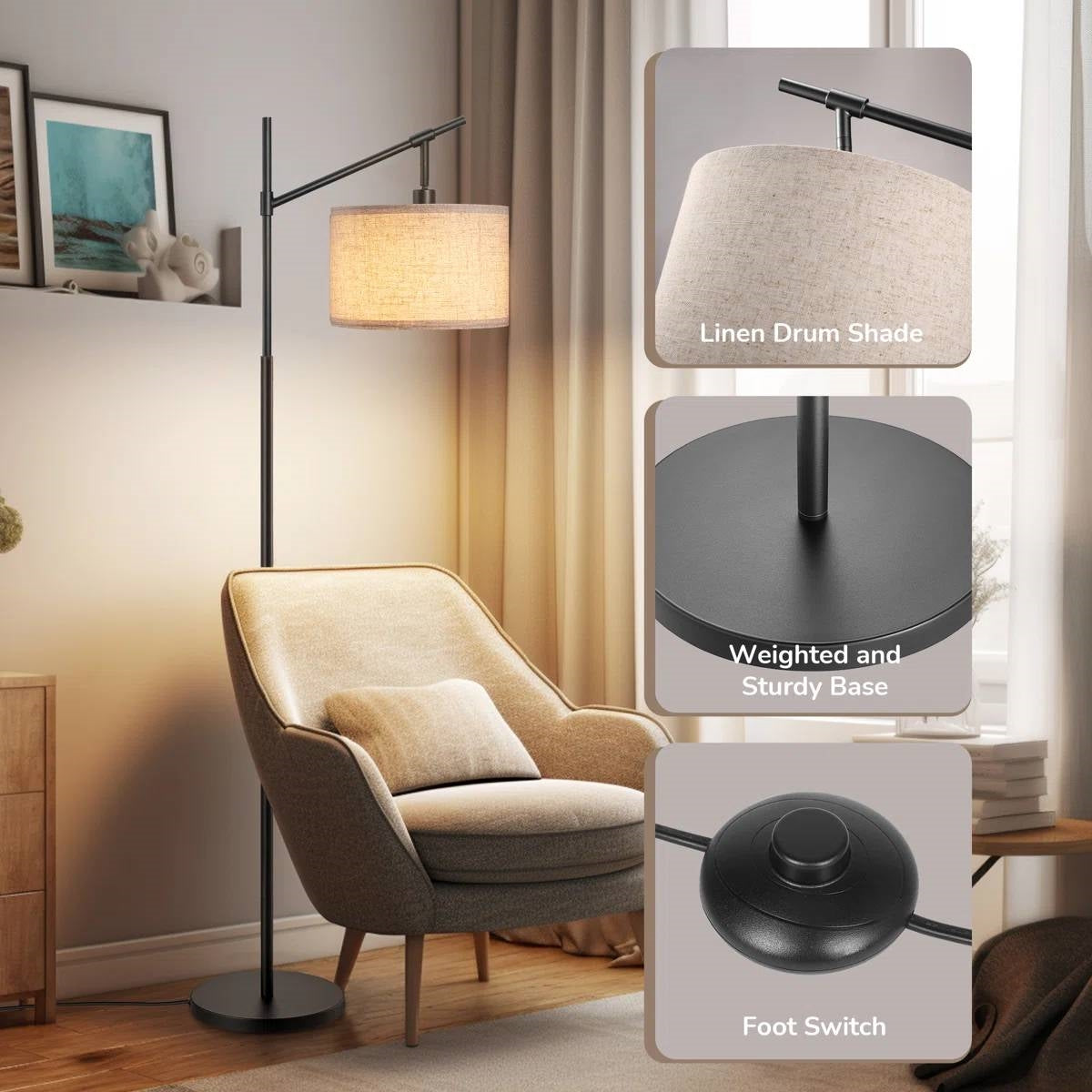63-inch Black Modern Arc Floor Lamp with Beige Linen Drum Shade LuxuryLifeWay Online Store