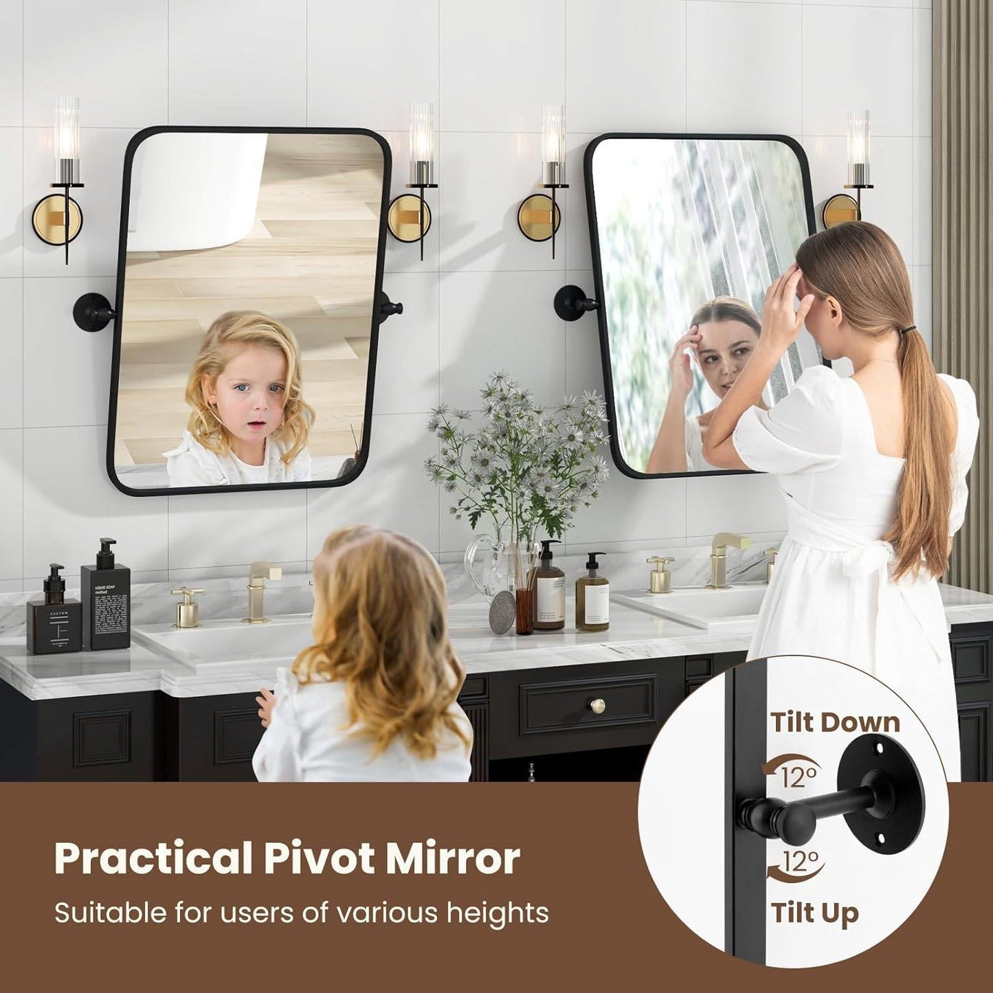 30 x 22 inch Bathroom Wall Mirror with Easy Tilt Pivot and Black Frame LuxuryLifeWay Online Store