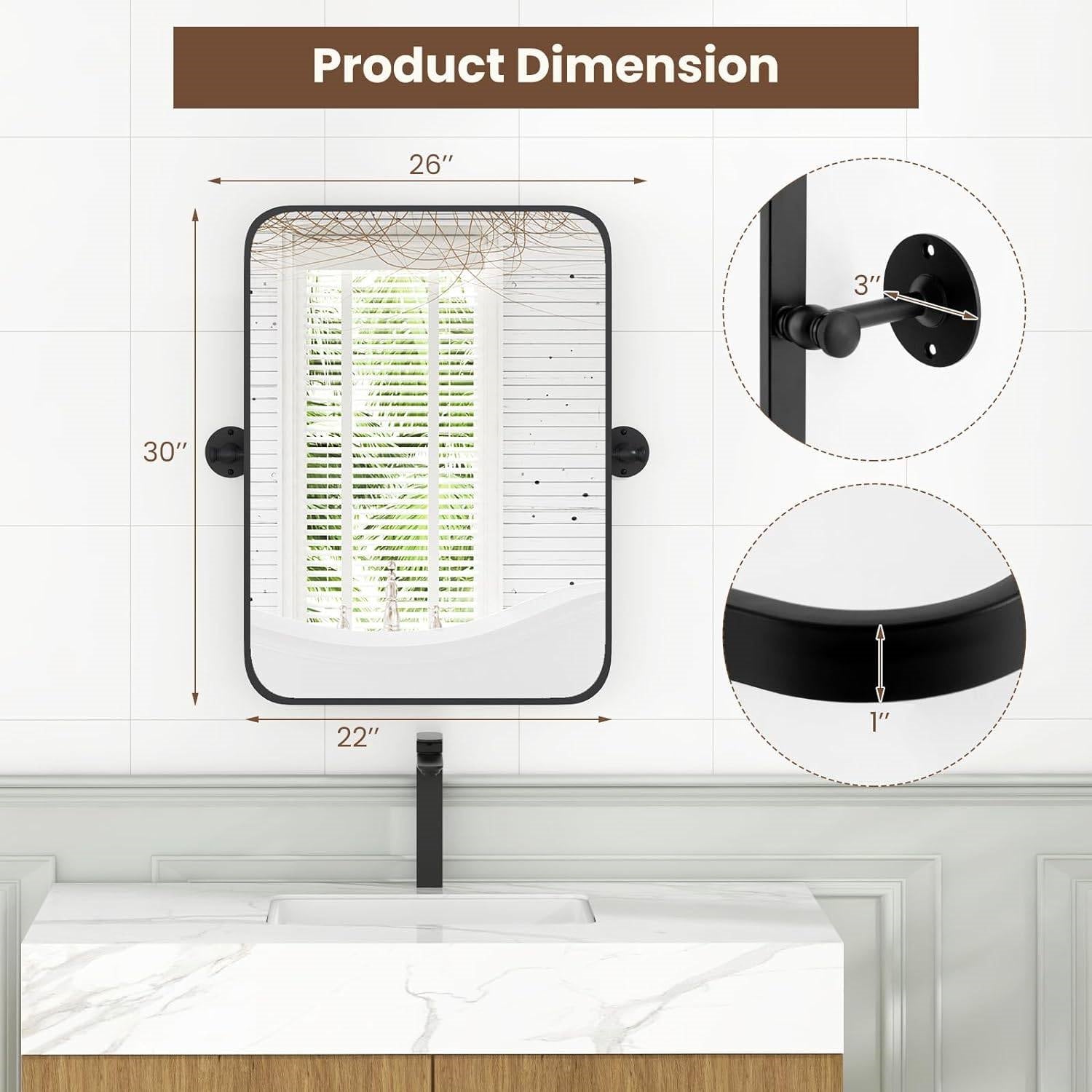 30 x 22 inch Bathroom Wall Mirror with Easy Tilt Pivot and Black Frame LuxuryLifeWay Online Store