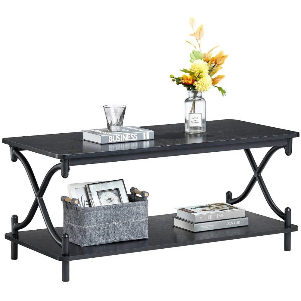 Modern Industrial Black Metal Wood Coffee Table with Bottom Storage Shelf LuxuryLifeWay Online Store