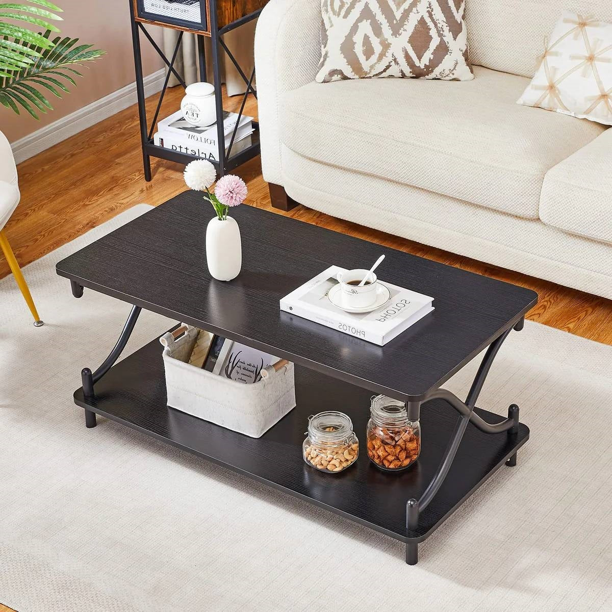 Modern Industrial Black Metal Wood Coffee Table with Bottom Storage Shelf LuxuryLifeWay Online Store