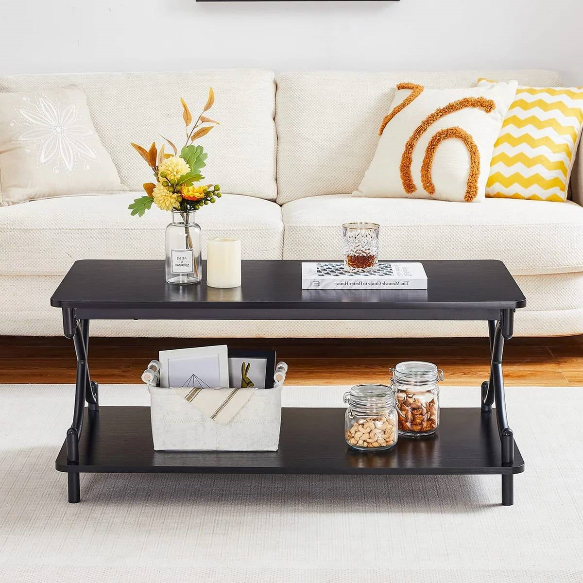 Modern Industrial Black Metal Wood Coffee Table with Bottom Storage Shelf LuxuryLifeWay Online Store