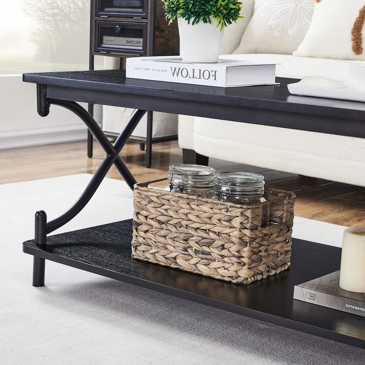 Modern Industrial Black Metal Wood Coffee Table with Bottom Storage Shelf LuxuryLifeWay Online Store
