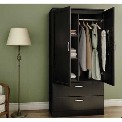 Modern Two Door Wardrobe Armoire with Two Drawers and Hanging Rod Storage, Black LuxuryLifeWay Online Store