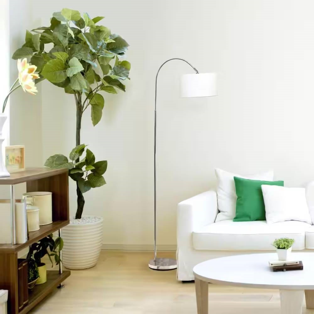 Modern Mid-Century Floor Lamp in Brushed Nickel Finish with White Drum Shade LuxuryLifeWay Online Store