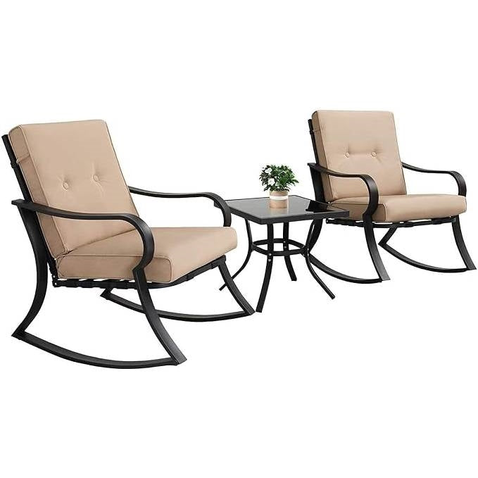 3-Piece Outdoor Patio Furniture Table Rocking Chairs Set with Beige Cushions LuxuryLifeWay Online Store