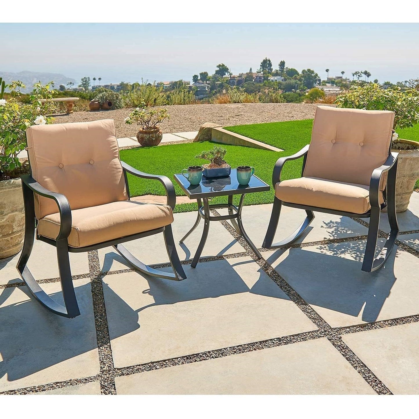 3-Piece Outdoor Patio Furniture Table Rocking Chairs Set with Beige Cushions LuxuryLifeWay Online Store