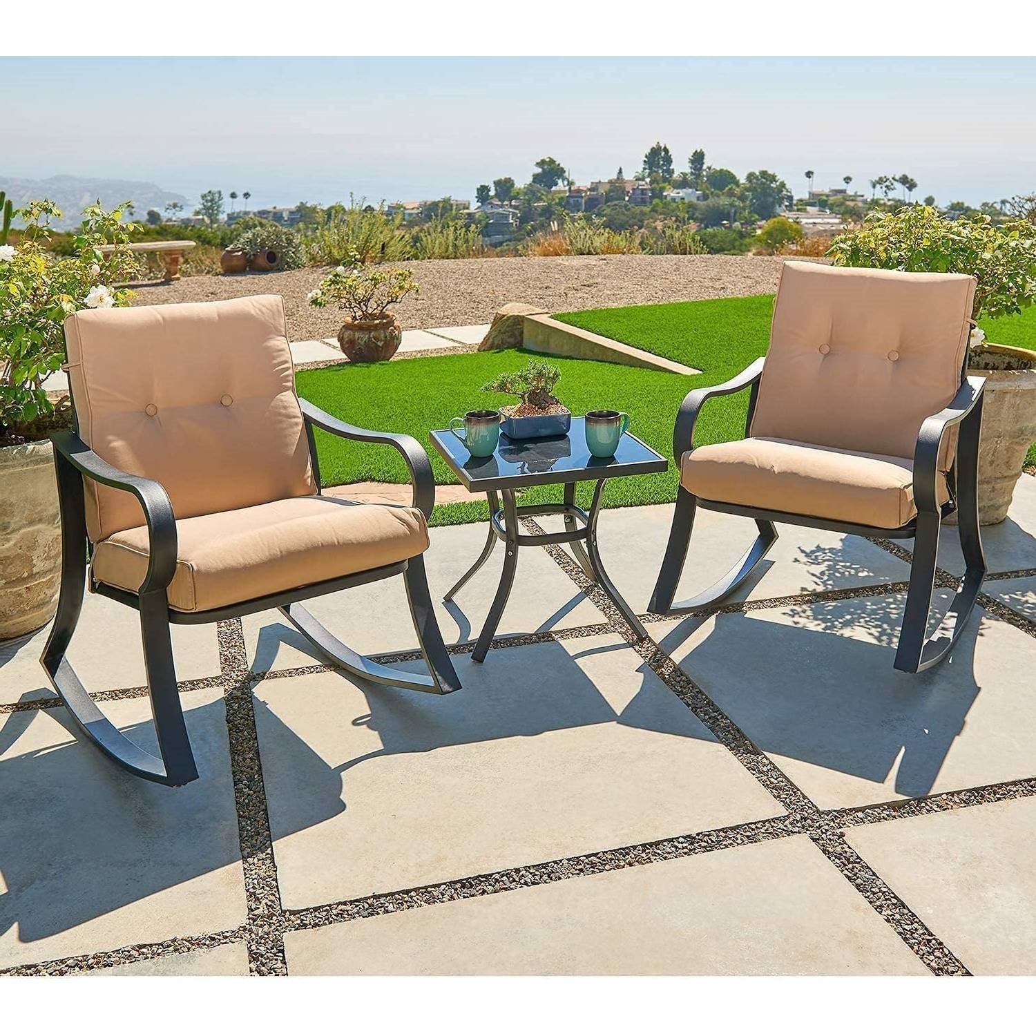 3-Piece Outdoor Patio Furniture Table Rocking Chairs Set with Beige Cushions LuxuryLifeWay Online Store