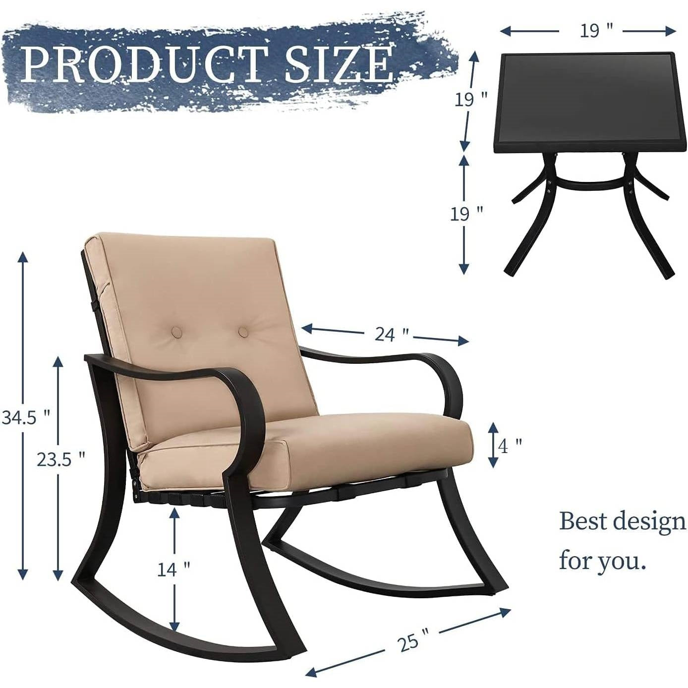 3-Piece Outdoor Patio Furniture Table Rocking Chairs Set with Beige Cushions LuxuryLifeWay Online Store