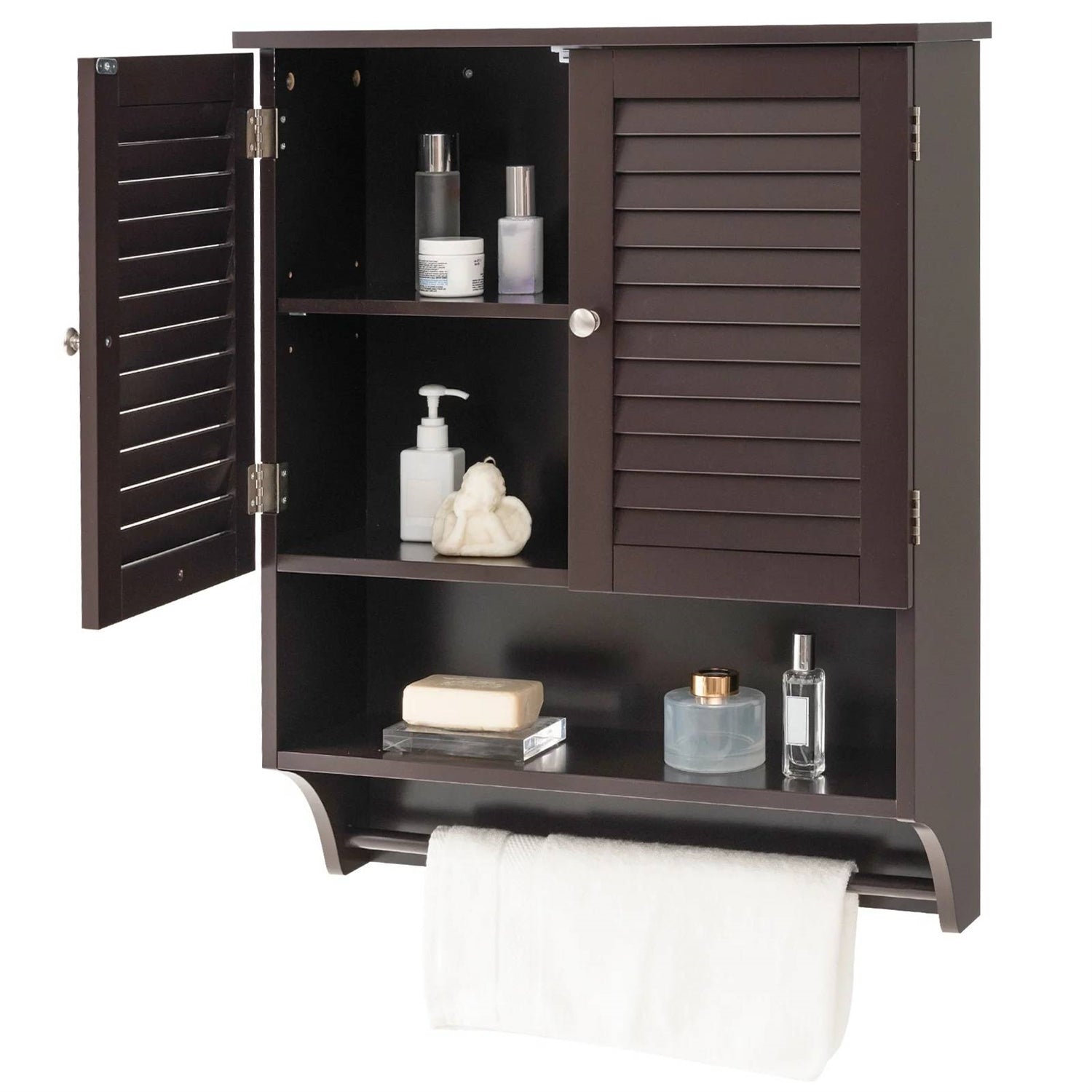 Brown Wall-Mounted Bathroom Medicine Cabinet with Louver Doors and Towel Bar LuxuryLifeWay Online Store