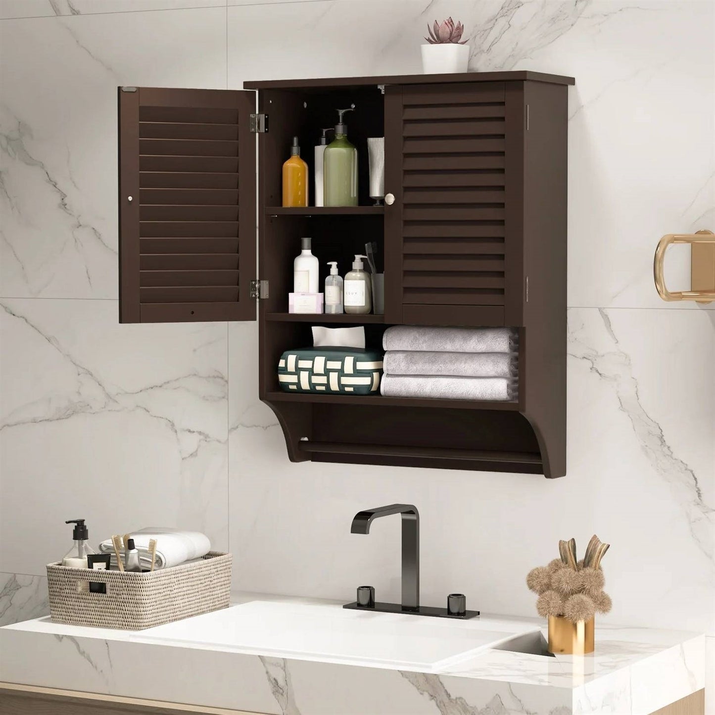 Brown Wall-Mounted Bathroom Medicine Cabinet with Louver Doors and Towel Bar LuxuryLifeWay Online Store