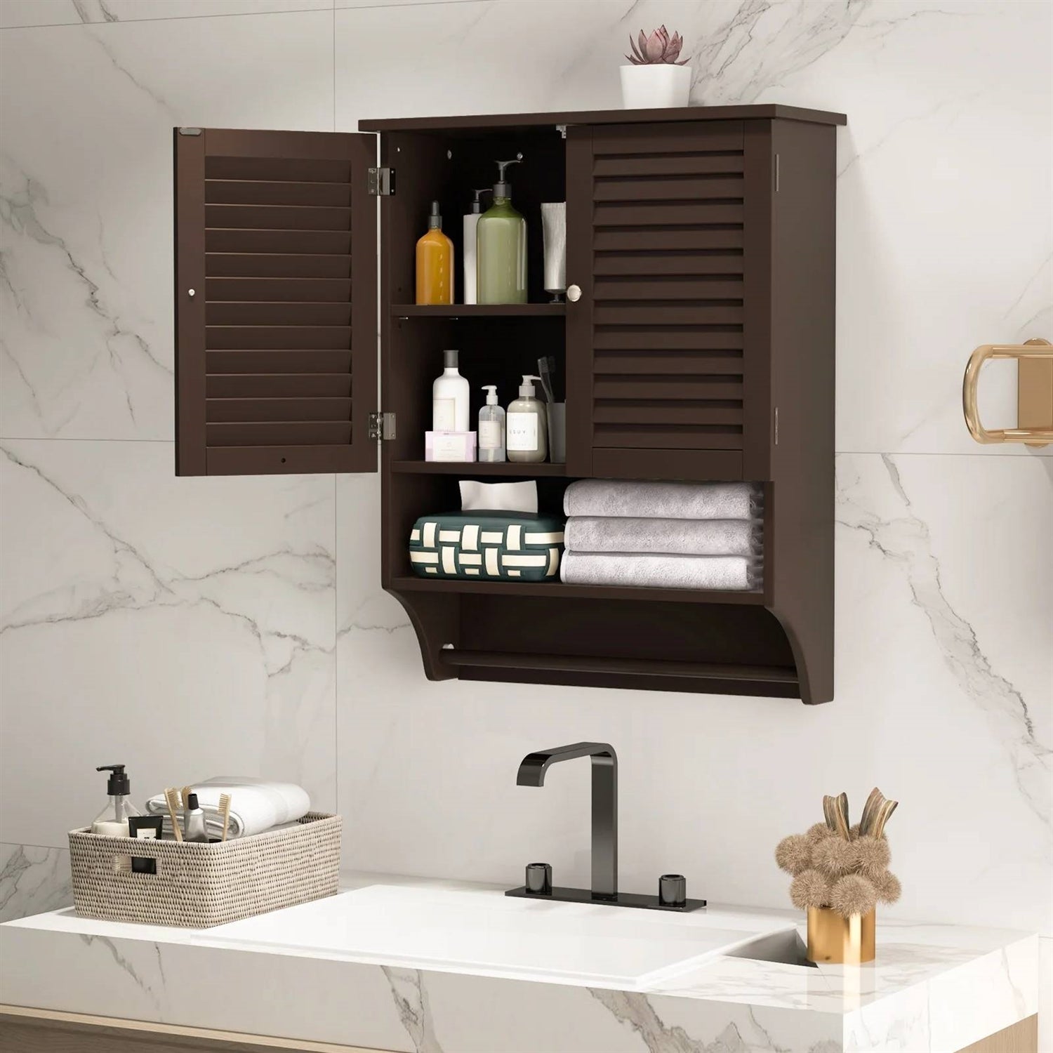 Brown Wall-Mounted Bathroom Medicine Cabinet with Louver Doors and Towel Bar LuxuryLifeWay Online Store