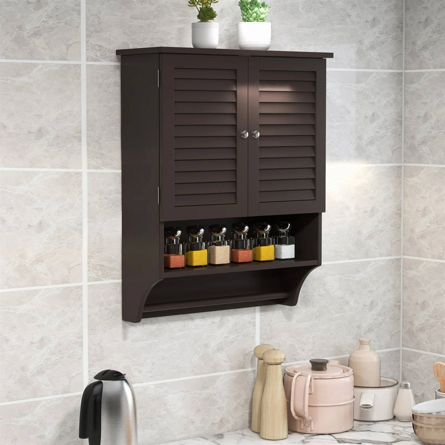 Brown Wall-Mounted Bathroom Medicine Cabinet with Louver Doors and Towel Bar LuxuryLifeWay Online Store
