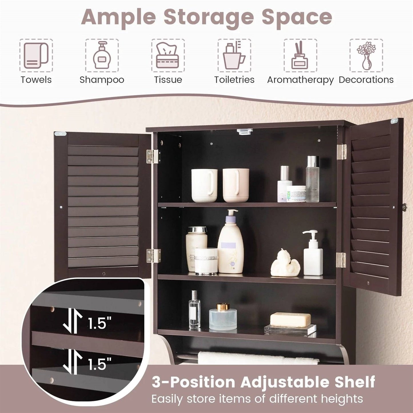 Brown Wall-Mounted Bathroom Medicine Cabinet with Louver Doors and Towel Bar LuxuryLifeWay Online Store