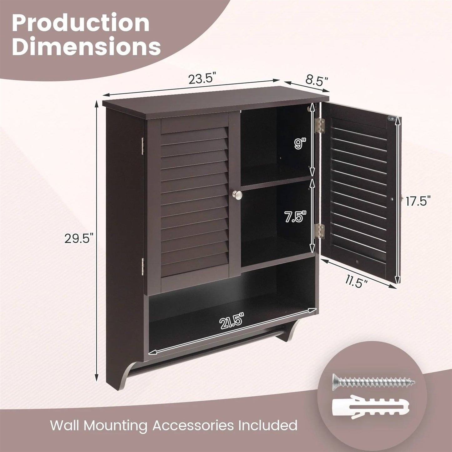 Brown Wall-Mounted Bathroom Medicine Cabinet with Louver Doors and Towel Bar LuxuryLifeWay Online Store