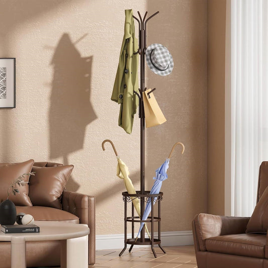 Brown Metal Coat Rack Entryway Hall Tree with Umbrella Stand LuxuryLifeWay Online Store