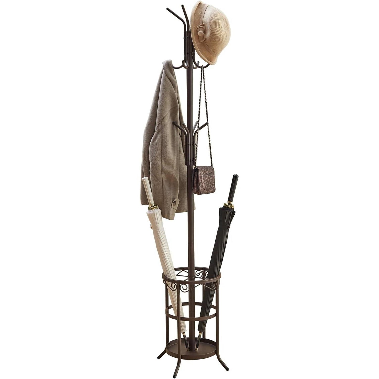 Brown Metal Coat Rack Entryway Hall Tree with Umbrella Stand LuxuryLifeWay Online Store