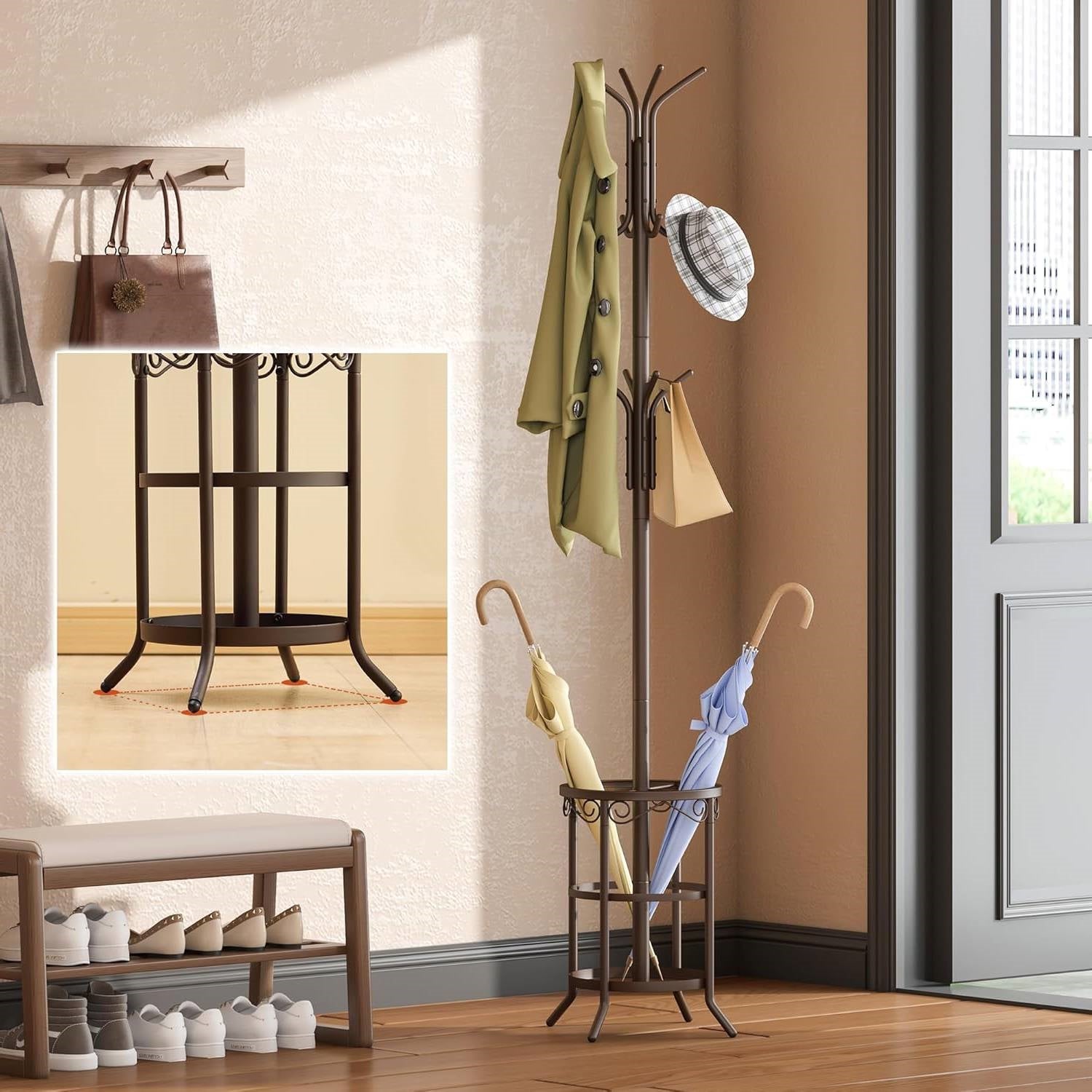 Brown Metal Coat Rack Entryway Hall Tree with Umbrella Stand LuxuryLifeWay Online Store