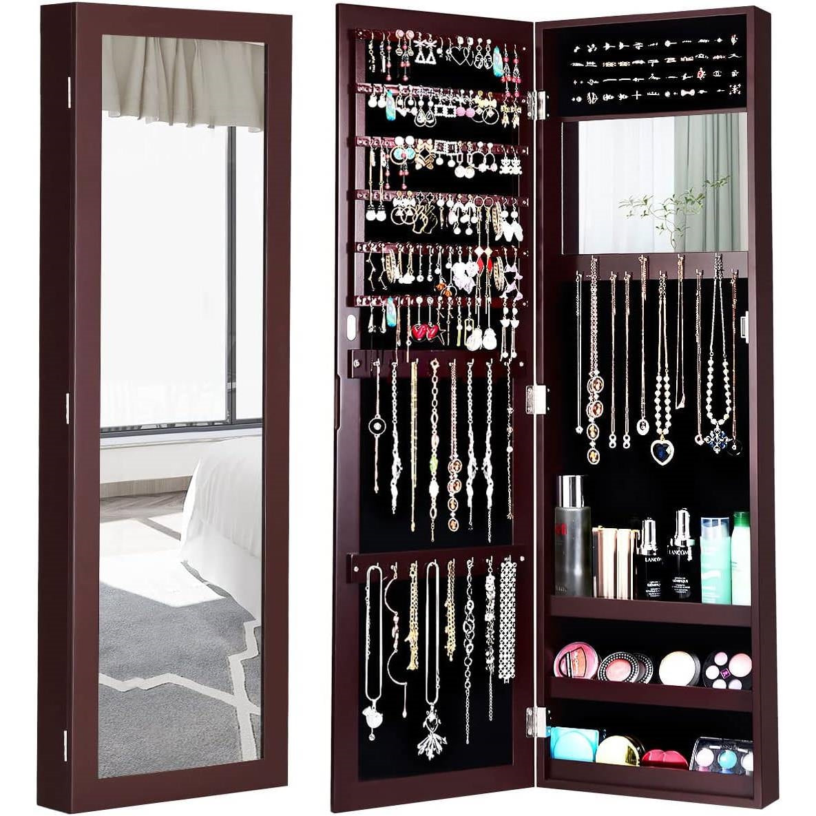 2-in-1 Dark Brown Wall or Door Mounted Jewelry Organizer Full Length Mirror LuxuryLifeWay Online Store