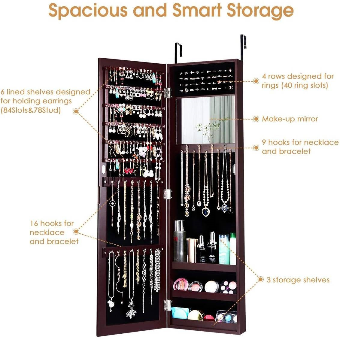 2-in-1 Dark Brown Wall or Door Mounted Jewelry Organizer Full Length Mirror LuxuryLifeWay Online Store