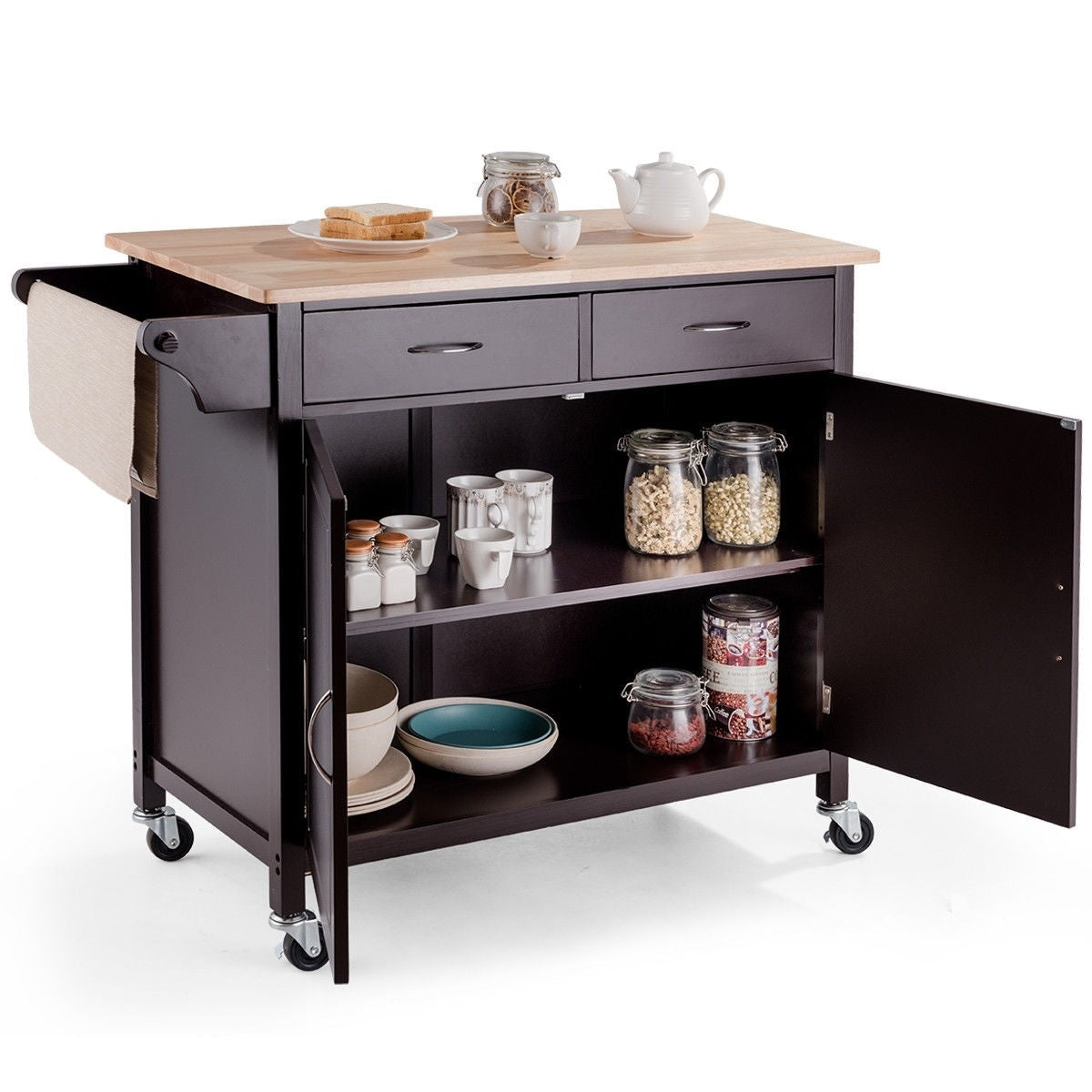 Brown Kitchen Island Storage Cart with Wood Top and Casters LuxuryLifeWay Online Store