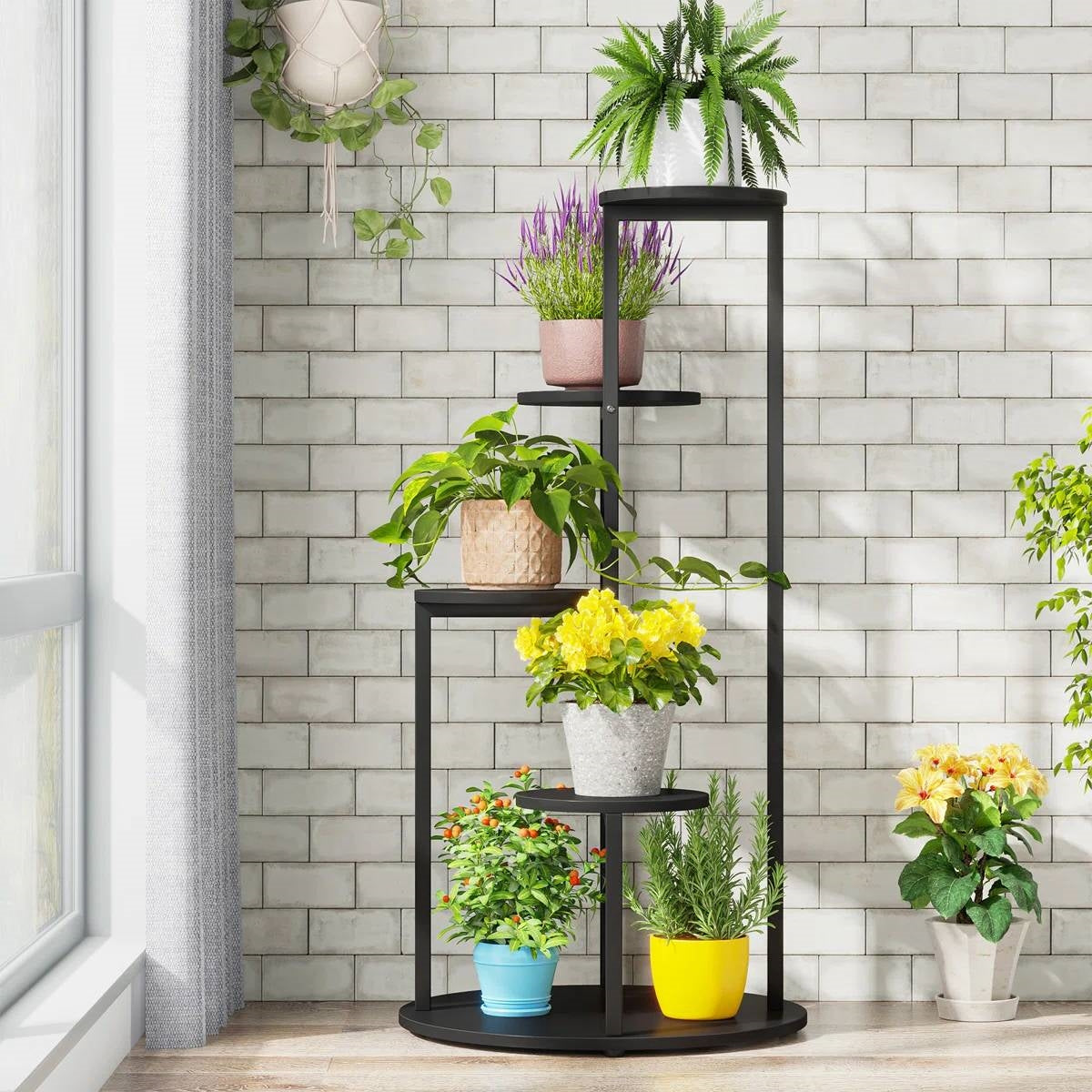 5-Tier Indoor Plant Stand with Black Metal Frame and Brown Wood Finish Shelves LuxuryLifeWay Online Store