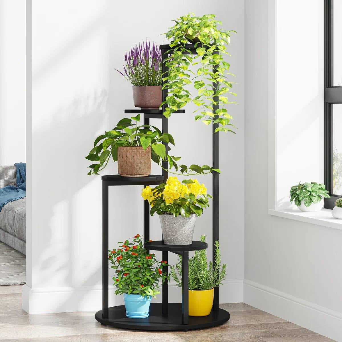 5-Tier Indoor Plant Stand with Black Metal Frame and Brown Wood Finish Shelves LuxuryLifeWay Online Store