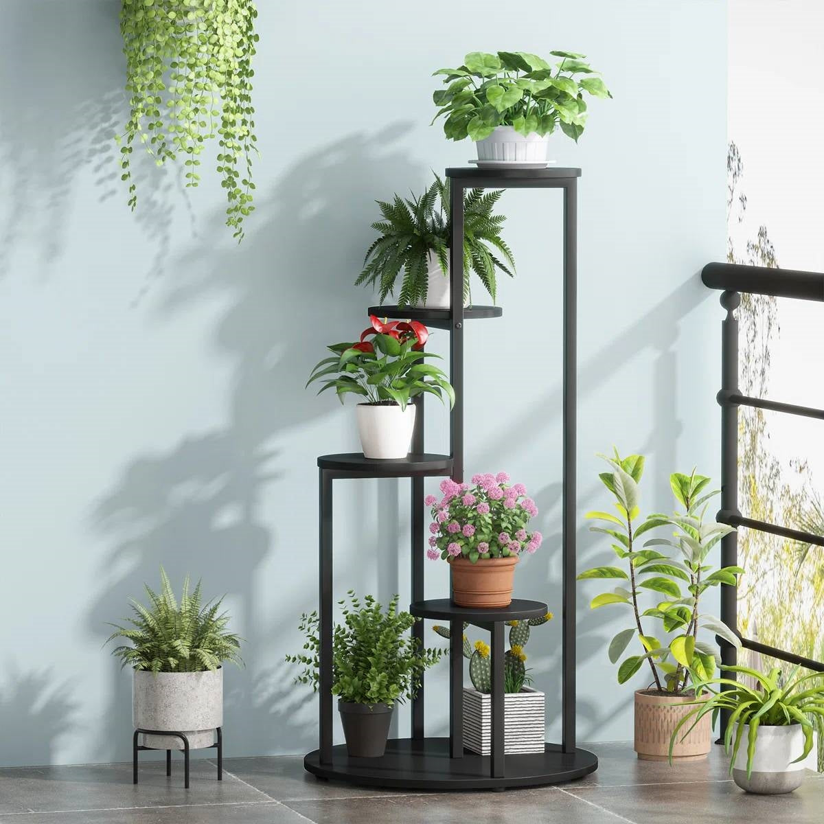 5-Tier Indoor Plant Stand with Black Metal Frame and Brown Wood Finish Shelves LuxuryLifeWay Online Store