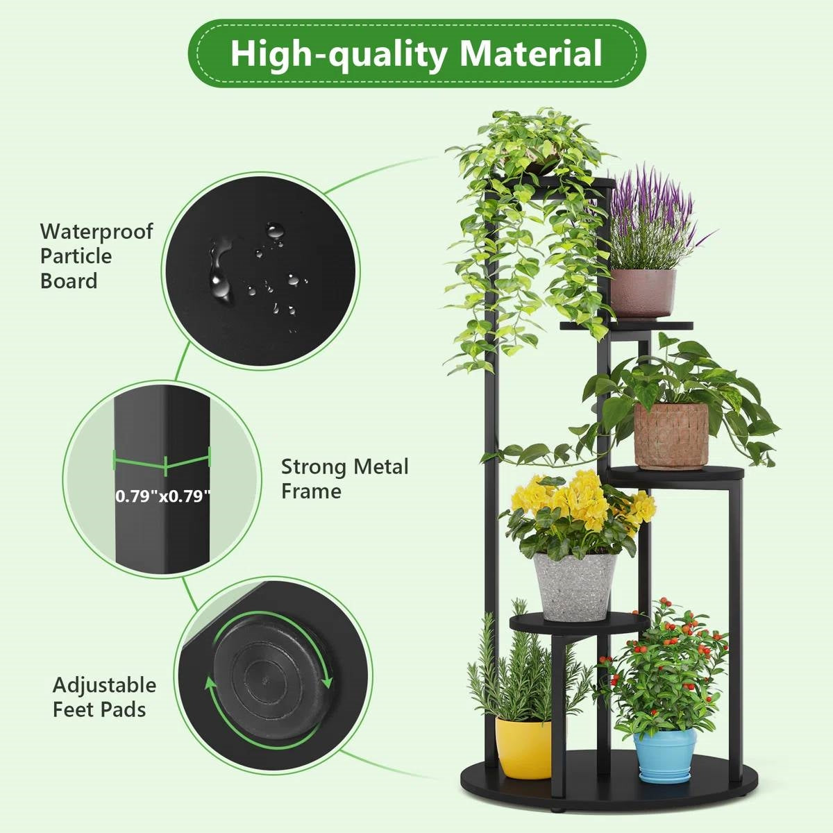 5-Tier Indoor Plant Stand with Black Metal Frame and Brown Wood Finish Shelves LuxuryLifeWay Online Store