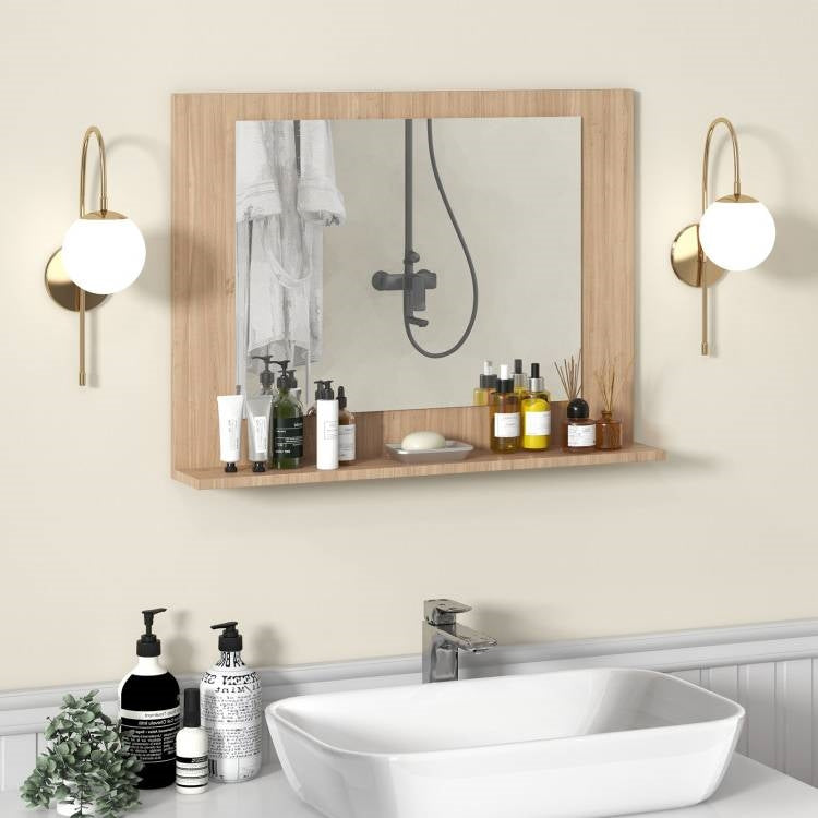 Rectangular 23 x 17 inch Bathroom Wall Mirror with Shelf in Brown Wood Finish LuxuryLifeWay Online Store