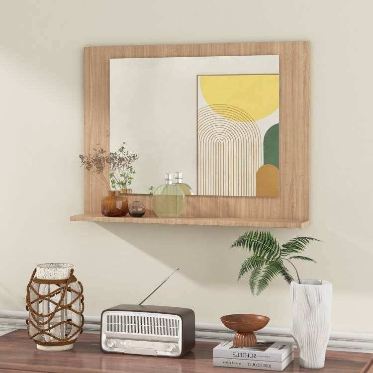 Rectangular 23 x 17 inch Bathroom Wall Mirror with Shelf in Brown Wood Finish LuxuryLifeWay Online Store