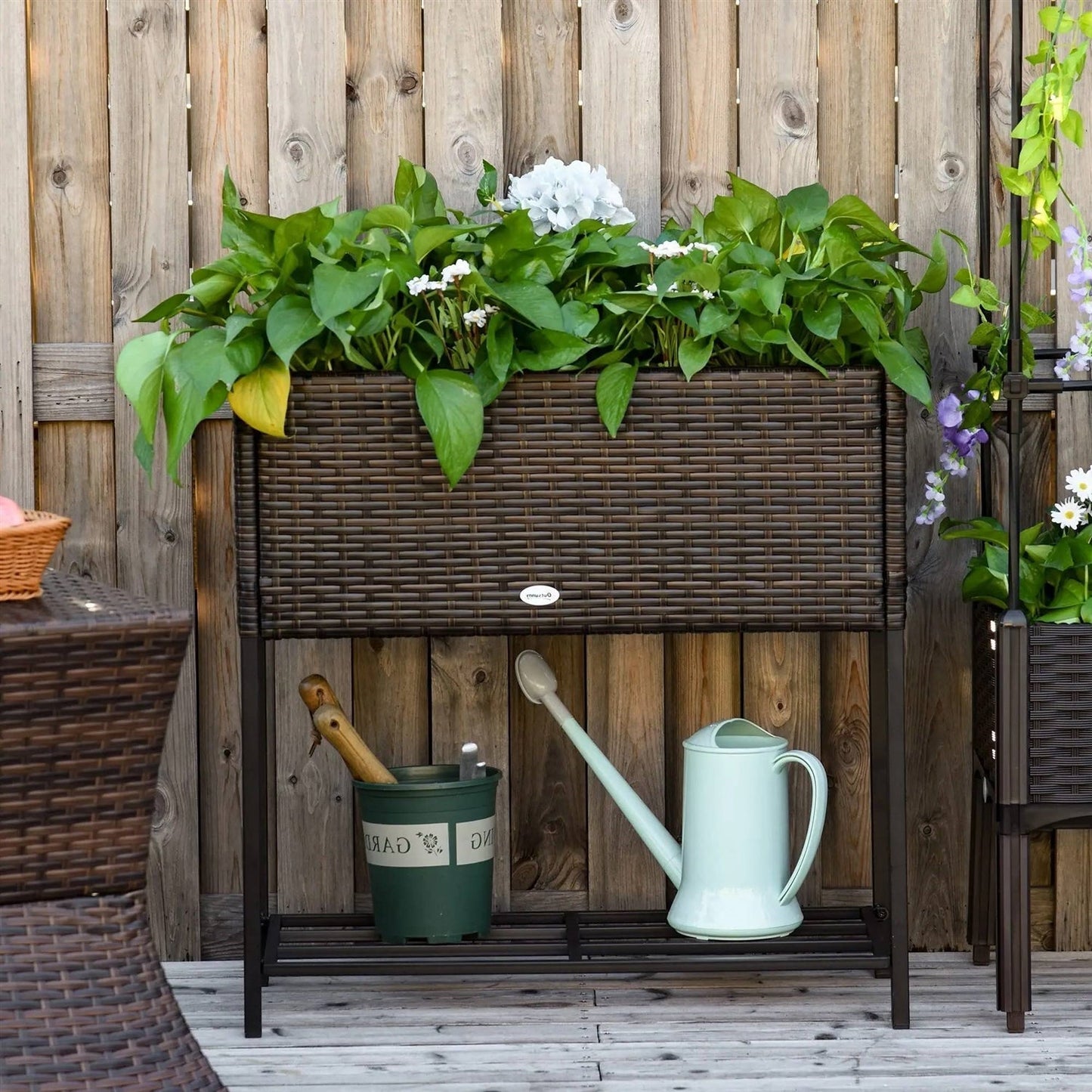 Brown Modern PE Rattan Wicker Raised Garden Bed Elevated Planter Box LuxuryLifeWay Online Store