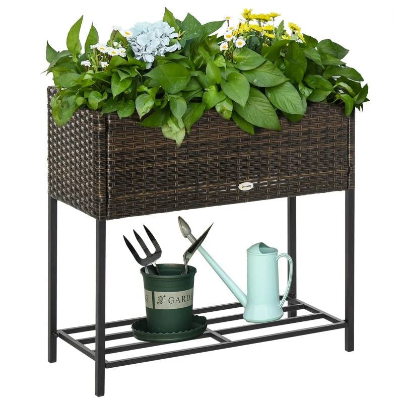 Brown Modern PE Rattan Wicker Raised Garden Bed Elevated Planter Box LuxuryLifeWay Online Store