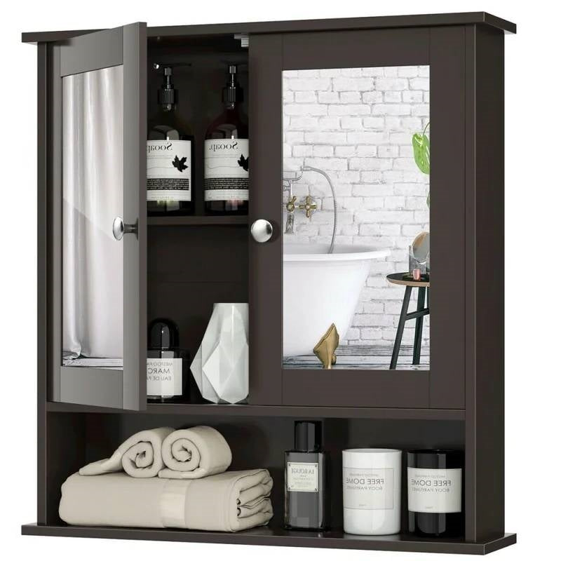 Brown Wooden Bathroom Wall / Medicine Cabinet with Mirrored Doors and Shelf LuxuryLifeWay Online Store