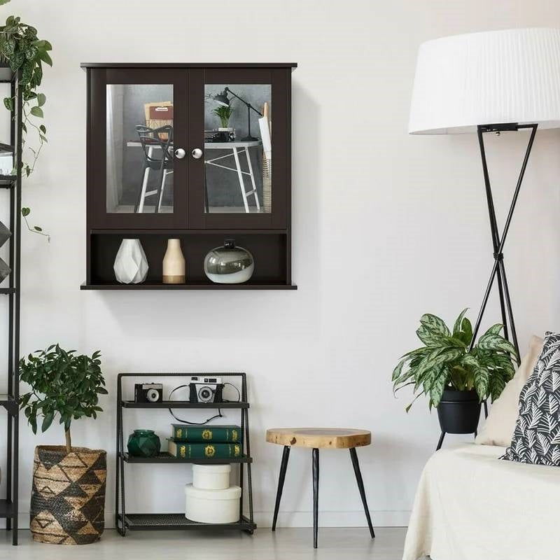 Brown Wooden Bathroom Wall / Medicine Cabinet with Mirrored Doors and Shelf LuxuryLifeWay Online Store