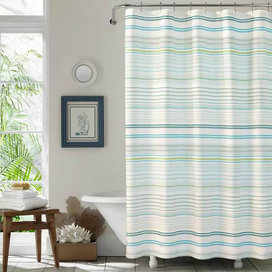72-inch Sea Breeze Blue Green White Cabana Stripe Cotton Shower Curtain LuxuryLifeWay Online Store