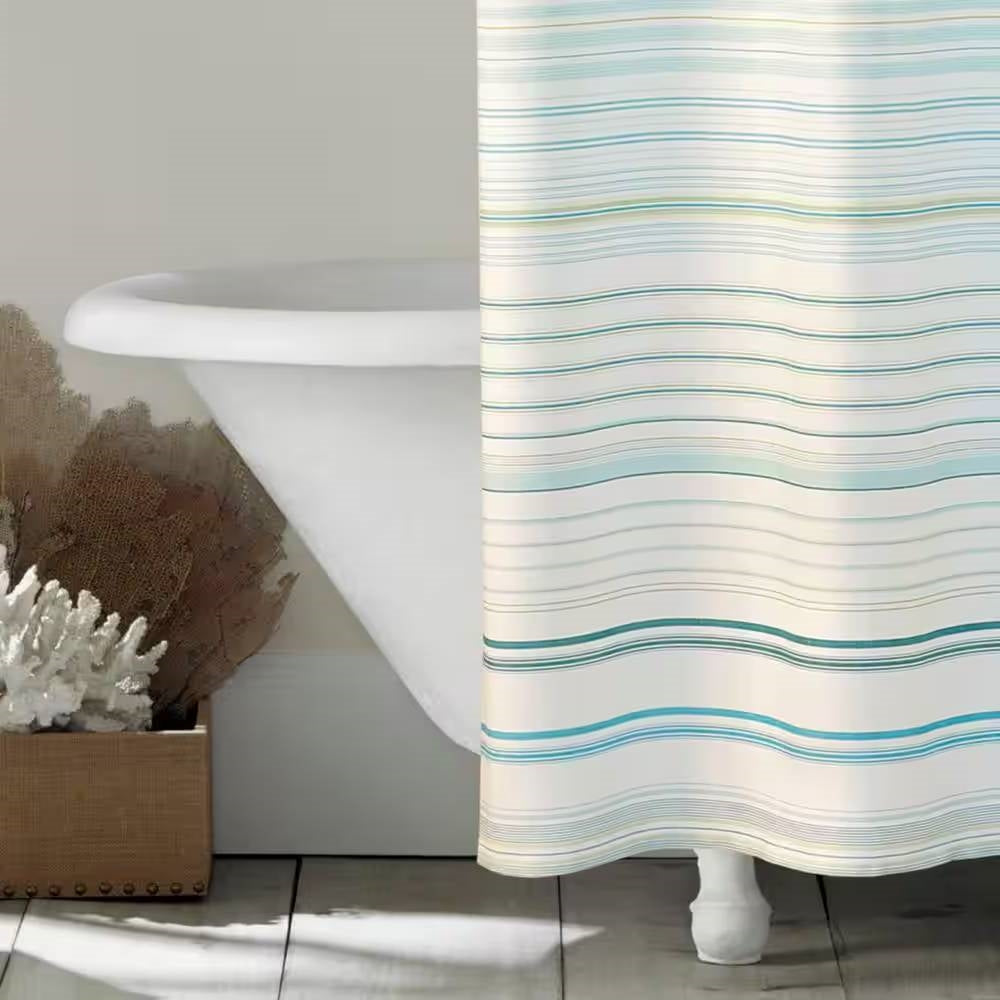 72-inch Sea Breeze Blue Green White Cabana Stripe Cotton Shower Curtain LuxuryLifeWay Online Store