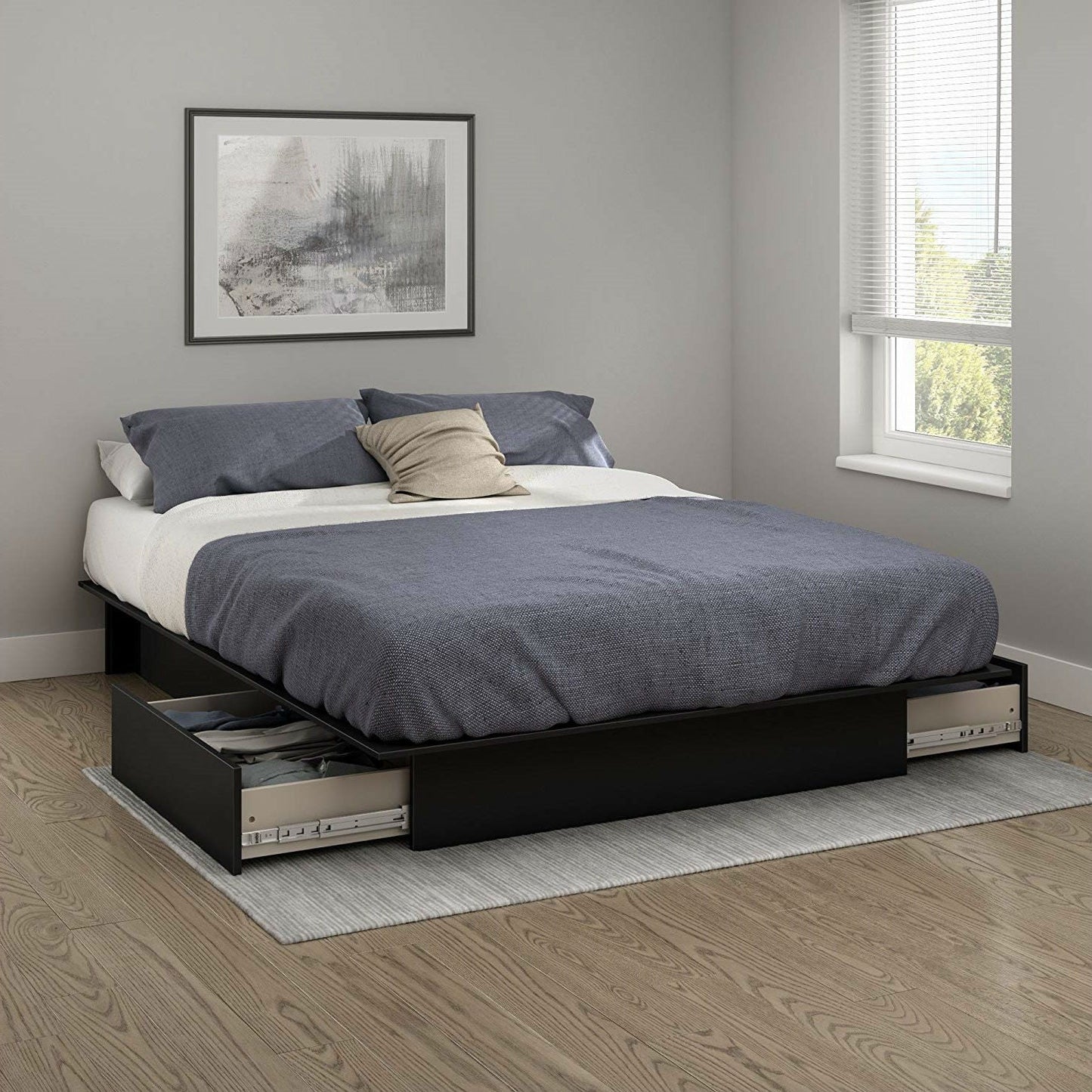 Queen Platform Bed Frame with 2 Storage Drawers in Black Wood Finish LuxuryLifeWay Online Store